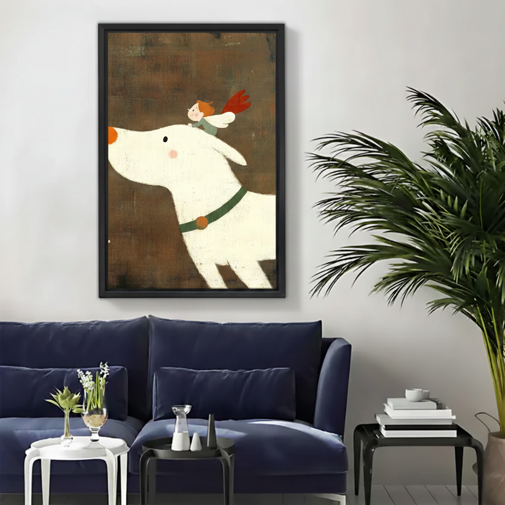 Whimsical Boy Flying on White Dog Framed Canvas Print|Liberty Signs#L1910