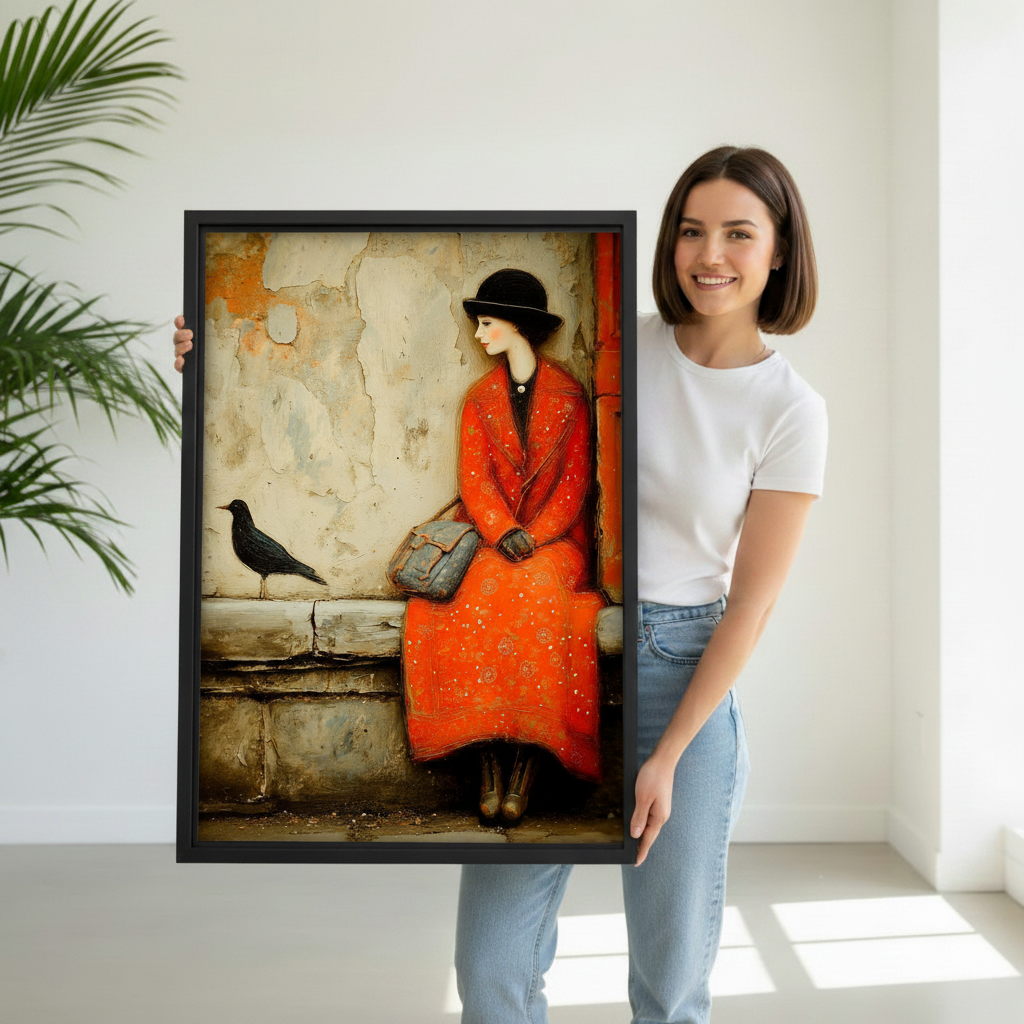 Vintage oil painting woman in red coat framed canvas wall art, person holding artwork in bright room