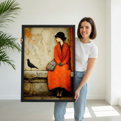 Vintage oil painting woman in red coat framed canvas wall art, person holding artwork in bright room