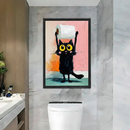 Funny Black Cat Toilet Paper Framed Canvas Wall Art|Liberty Signs#L1911
