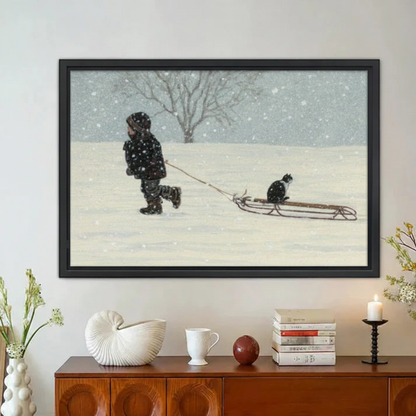 Child Pulling Cat on Sled Winter Snow Framed Canvas Wall Art|Liberty Signs#L1888