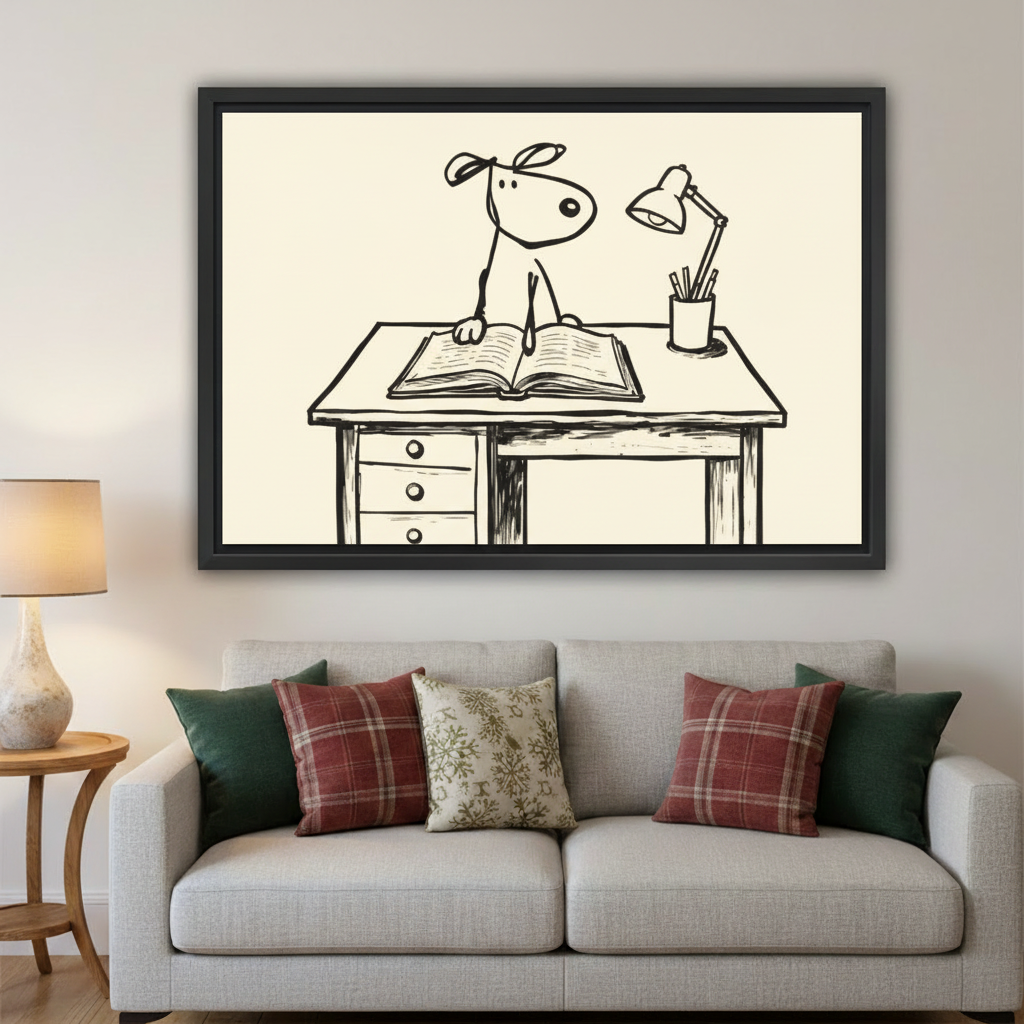 Whimsical dog studying at desk float frame canvas wall art above grey linen sofa with plaid cushions in warm living room