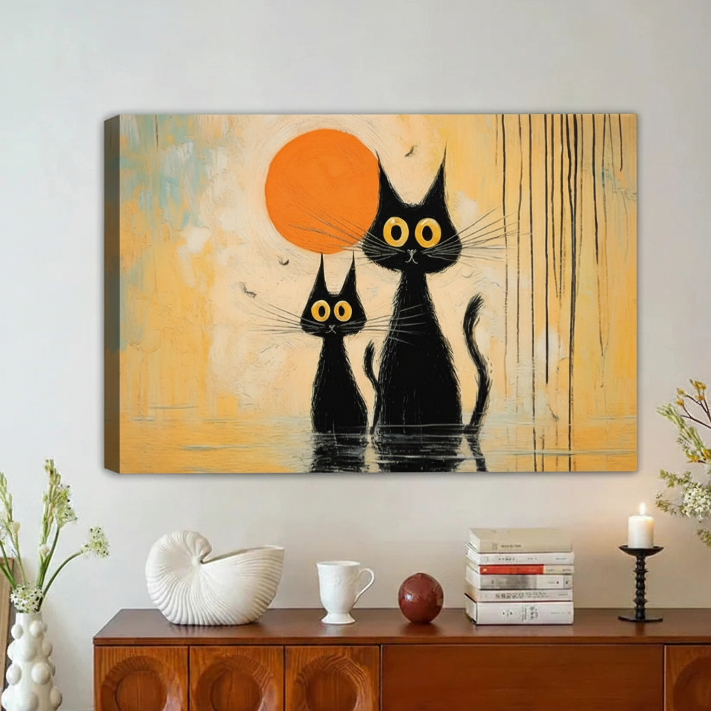 Black Cats Orange Moon Framed Canvas Wall Art|Liberty Signs#L1901