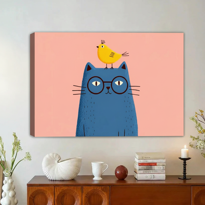 Blue Cat with Bird Framed Canvas Wall Art Print|Liberty Signs#L1919