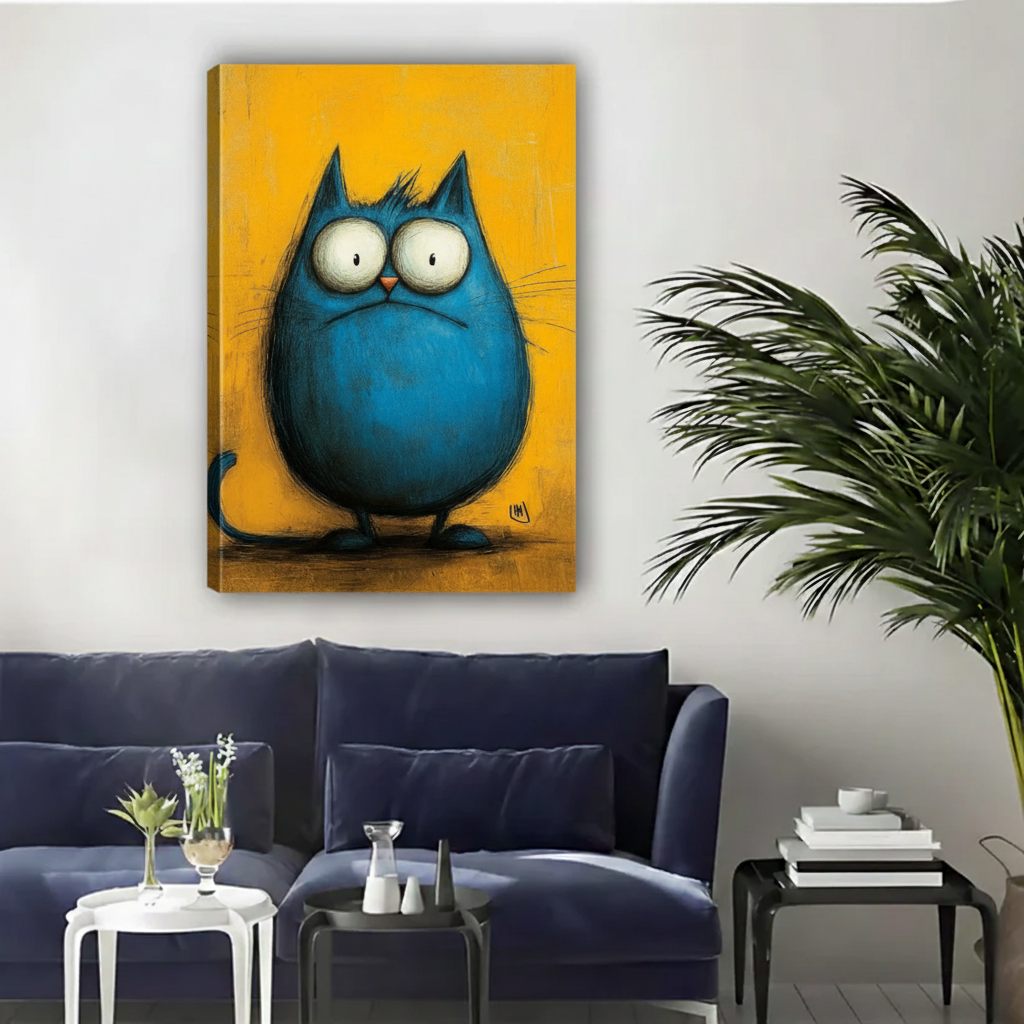 Grumpy Blue Cat Yellow Framed Canvas Wall Art|Liberty Signs#L1878