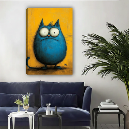 Grumpy Blue Cat Yellow Framed Canvas Wall Art|Liberty Signs#L1878