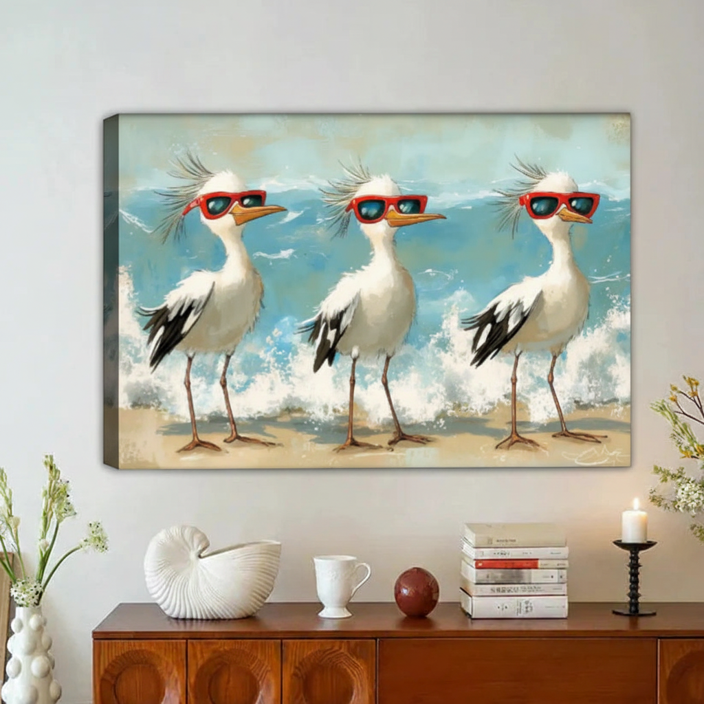 Funny Egrets Red Sunglasses Beach Framed Canvas Wall Art|Liberty Signs#L1948