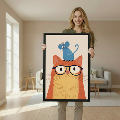 Woman holding large framed orange cat with glasses illustration art print showing actual print size in bright living