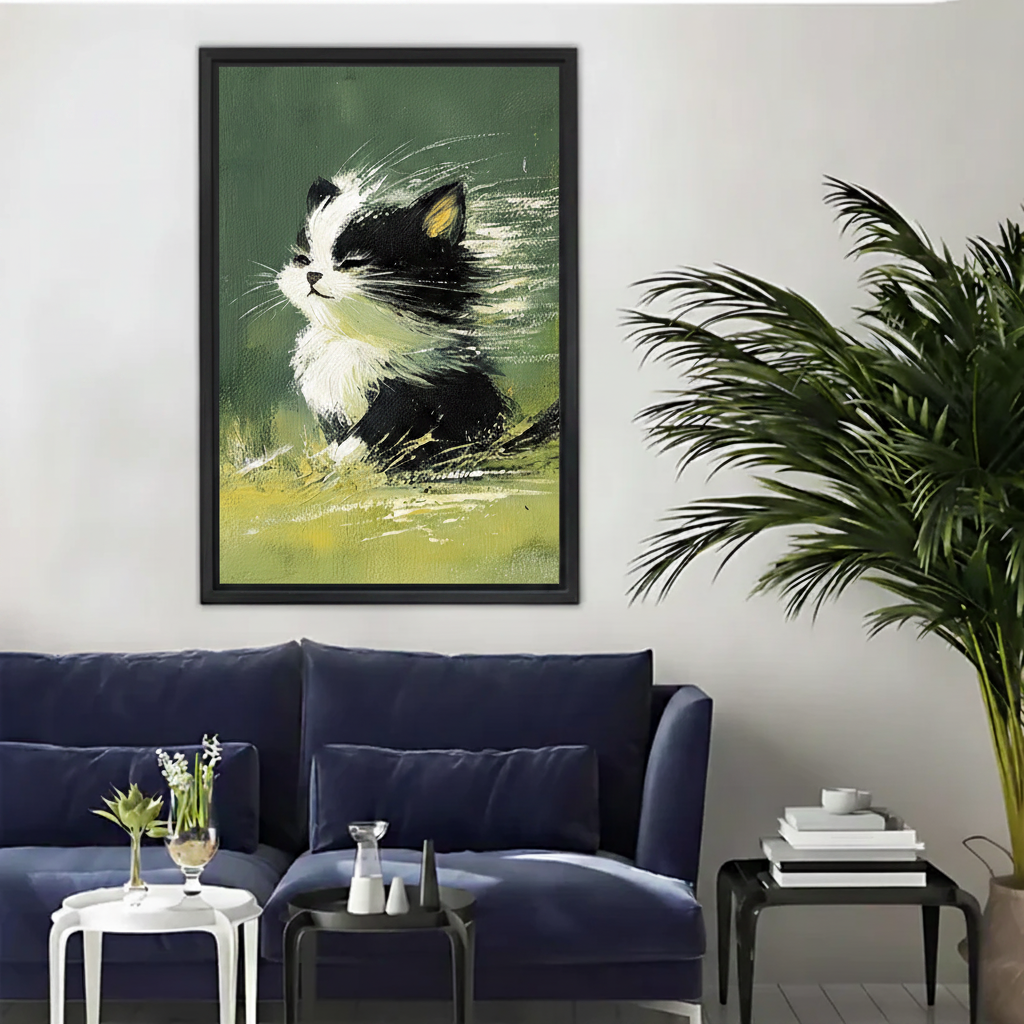 Cute Black White Kitten Oil Painting Style Framed Canvas|Liberty Signs#L1932