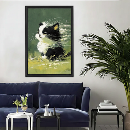 Cute Black White Kitten Oil Painting Style Framed Canvas|Liberty Signs#L1932