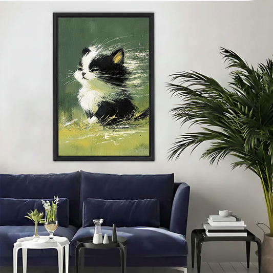 Cute Black White Kitten Oil Painting Style Framed Canvas|Liberty Signs#L1932
