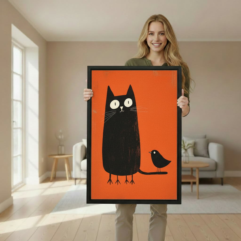 Woman holding large framed black cat and bird retro orange illustration art print showing actual print size in bright Scandinavian living room