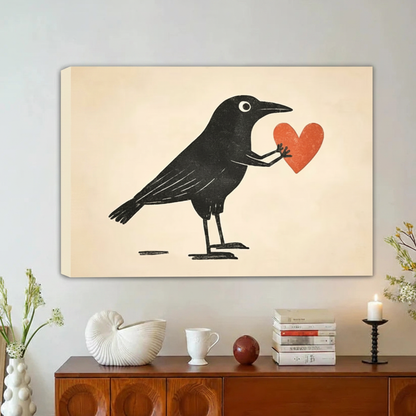 Black Crow Red Heart Linocut Framed Canvas Wall Art|Liberty Signs#L1831