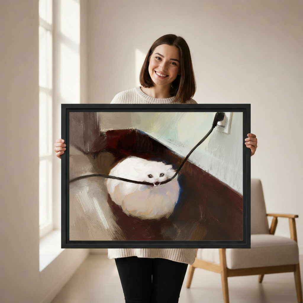 White cat biting a cable funny oil painting wall art — framed canvas print shown in a cozy bedroom setting