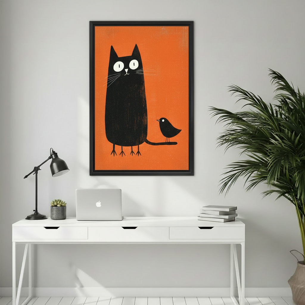 Cute black cat and bird orange pop art wall print in black frame above white desk with laptop and succulent in minimalist home office
