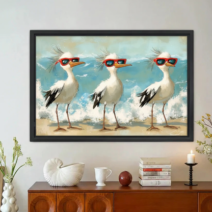 Funny Egrets Red Sunglasses Beach Framed Canvas Wall Art|Liberty Signs#L1948