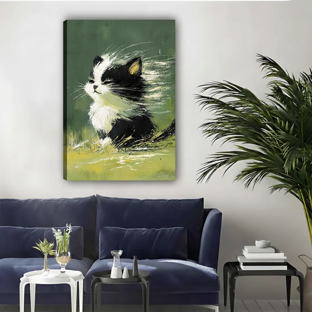 Cute Black White Kitten Oil Painting Style Framed Canvas|Liberty Signs#L1932
