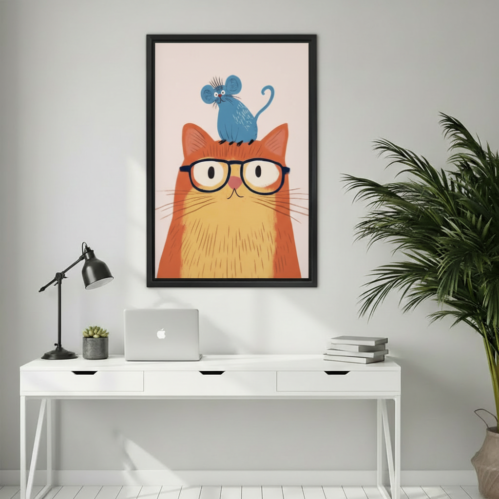 Cute cat with glasses and mouse wall art print in black frame above white desk in minimalist home office decor