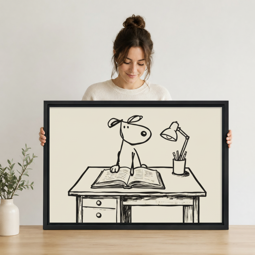 Woman holding large framed minimalist dog reading book line drawing art print showing actual print size against white wall