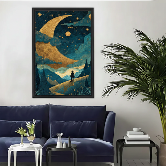 Starry Night Golden Moon Traveler Framed Canvas Wall Art|Liberty Signs#L1921