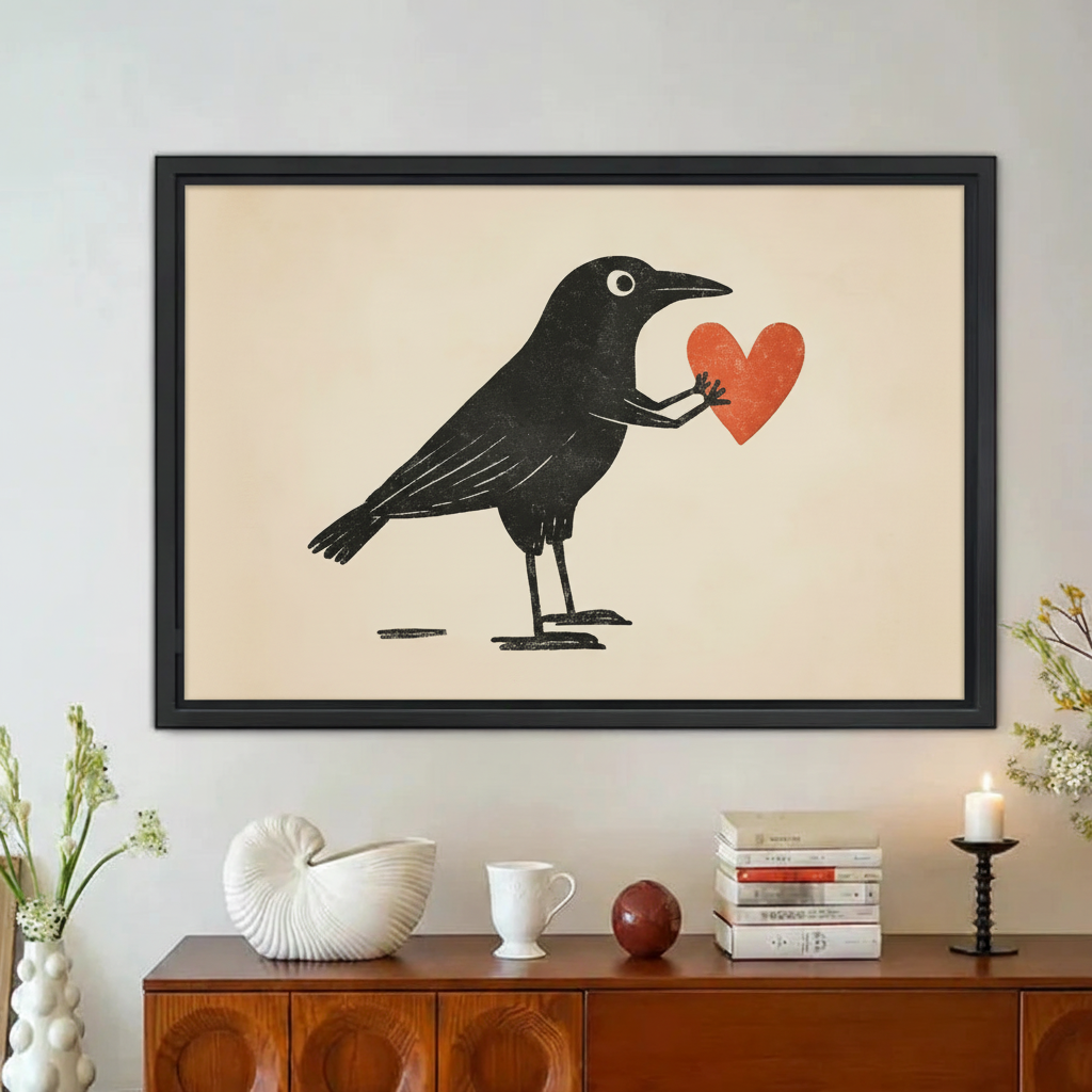 Black Crow Red Heart Linocut Framed Canvas Wall Art|Liberty Signs#L1831