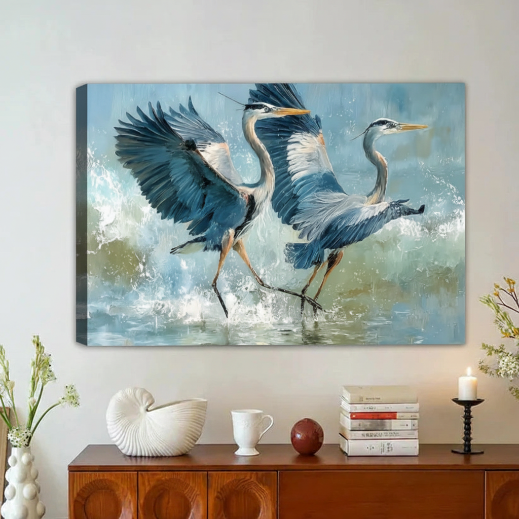 Great Blue Heron Ocean Waves Oil Painting Framed Canvas Print|Liberty Signs#L1896