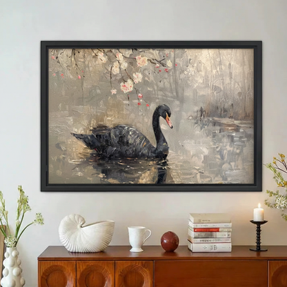 Black Swan Cherry Blossom Lake Framed Canvas Wall Art|Liberty Signs#L1890