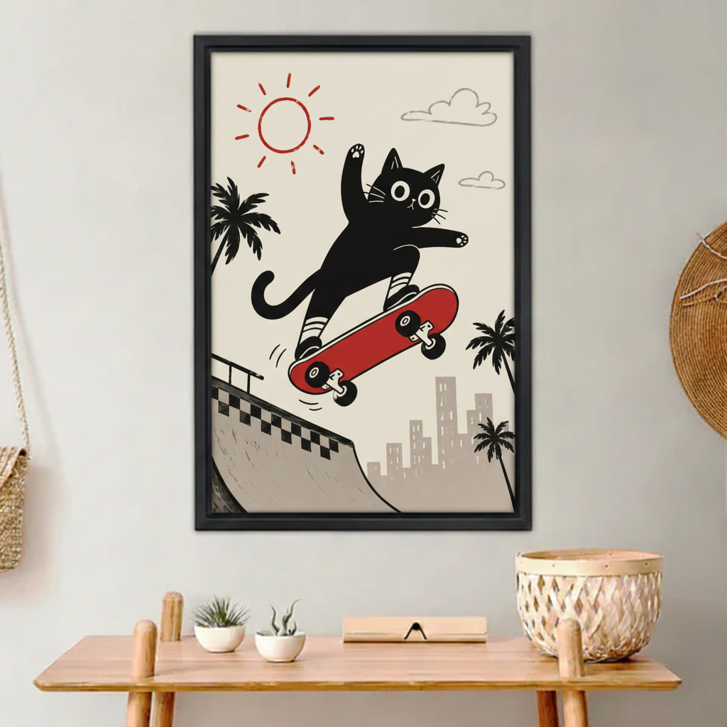 Skateboarding black cat framed canvas print hanging above wooden console table — retro street wall art
