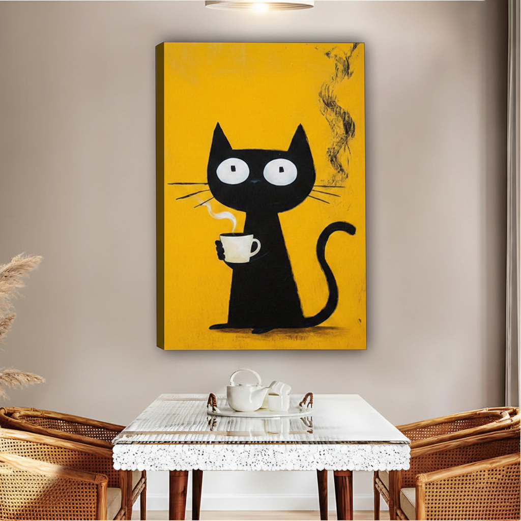 Black Cat Drinking Coffee Canvas Wall Art Print|Liberty Signs#L1784