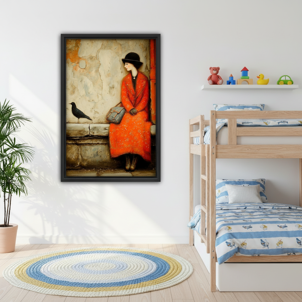 Vintage oil painting woman in red with black bird framed canvas art in children's bedroom decor