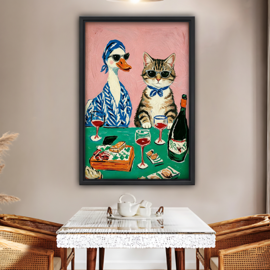Duck & Cat Wine Night Funny Animal Framed Canvas Art|Liberty Signs #L1667
