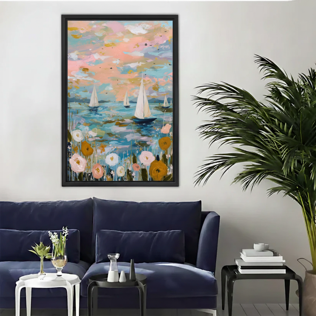Sailboat Floral Seascape Impressionist Framed Canvas Wall Art|Liberty Signs#L1823