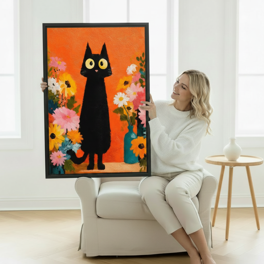 Black Cat Floral Pop Art Framed Canvas Wall Print l2065