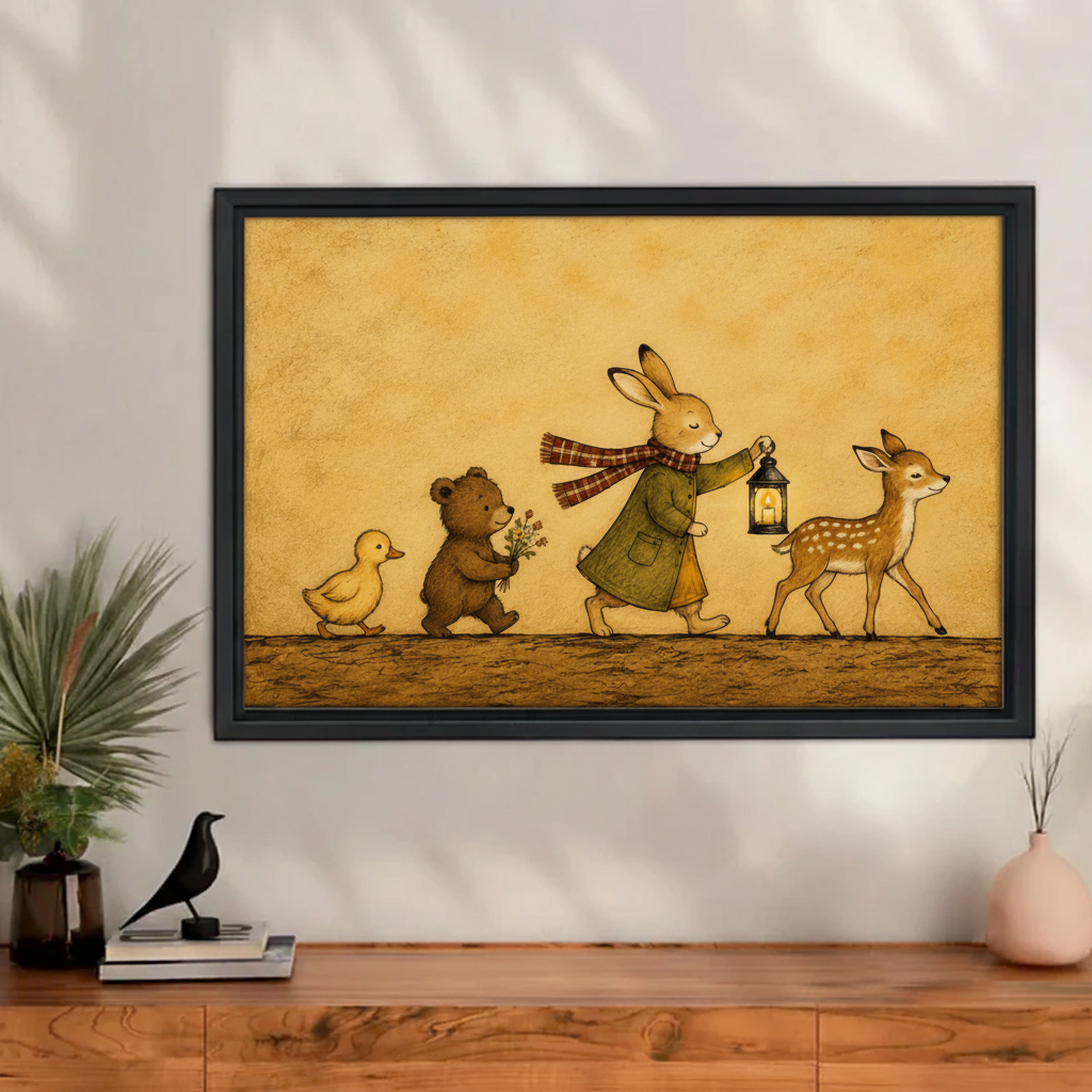 Woodland animals march vintage storybook canvas wall art print in black float frame above wooden console
