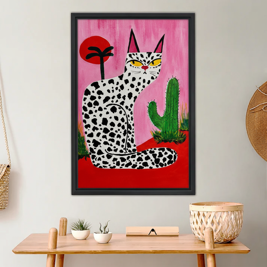 Spotted Cat with Cactus Wall Art - Bold Pink & Red Modern Print|Liberty Signs #L660