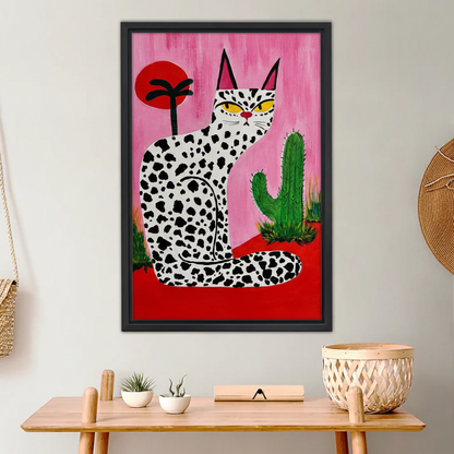 Spotted Cat with Cactus Wall Art - Bold Pink & Red Modern Print|Liberty Signs #L660
