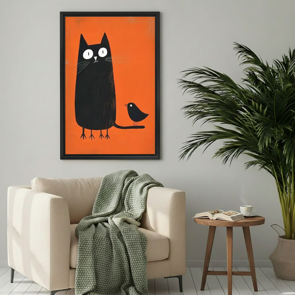 Whimsical black cat with bird orange background wall art in black frame above cream armchair with knit throw and wooden side table in cozy reading nook