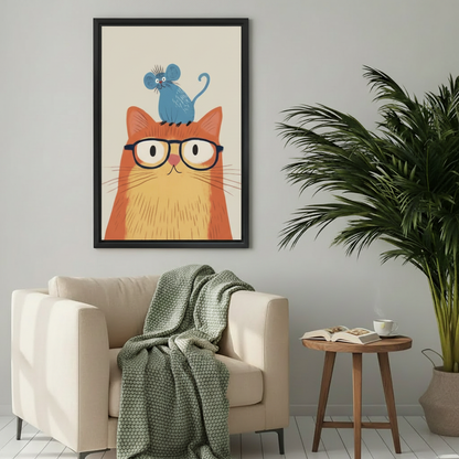 Whimsical orange cat illustration wall art in black frame above cream armchair in cozy Scandinavian-style living room