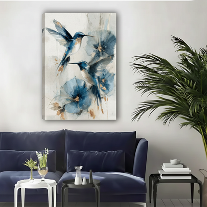 Blue Hummingbird Floral Watercolor Framed Canvas Wall Art|Liberty Signs#L1952
