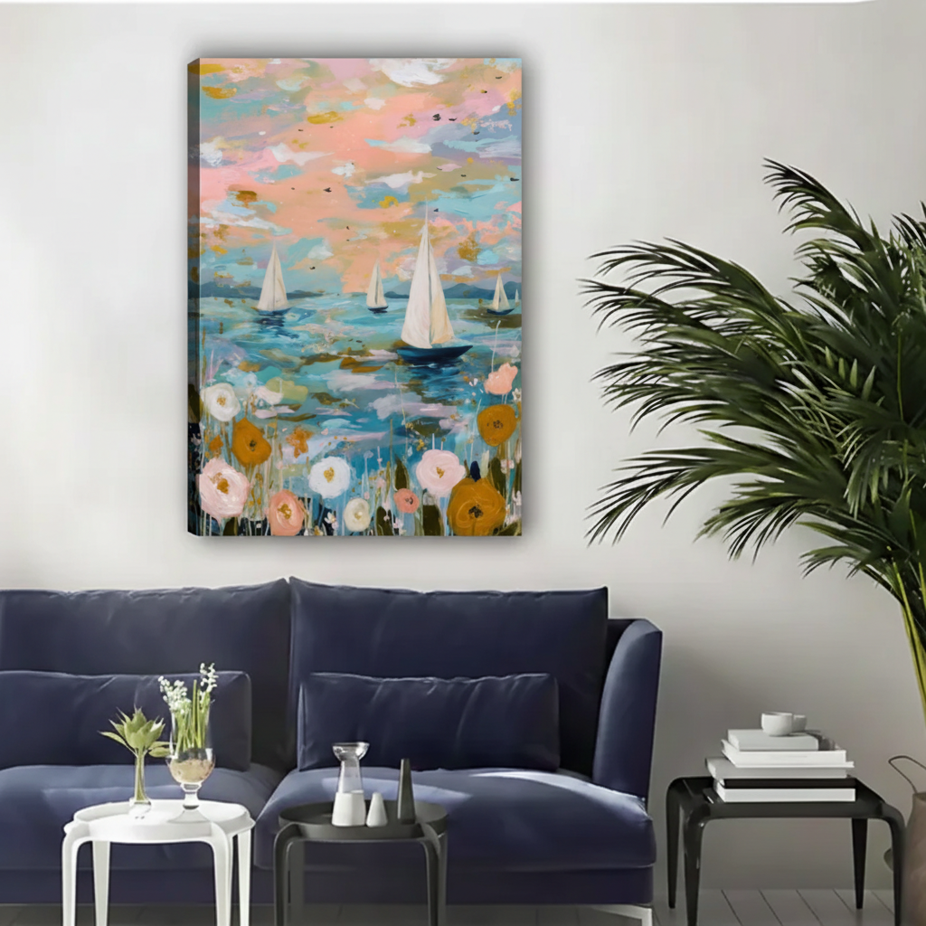 Sailboat Floral Seascape Impressionist Framed Canvas Wall Art|Liberty Signs#L1823