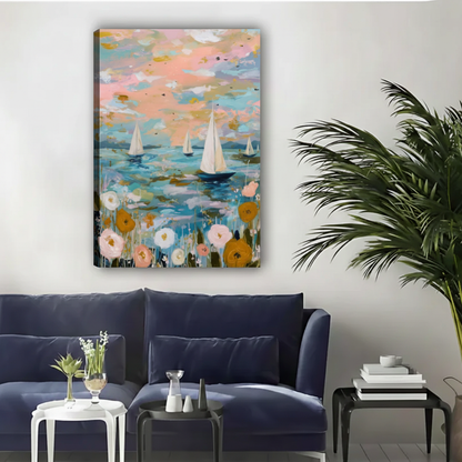 Sailboat Floral Seascape Impressionist Framed Canvas Wall Art|Liberty Signs#L1823