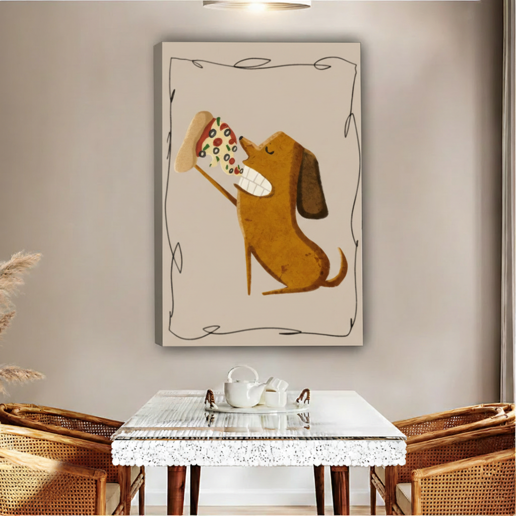 Whimsical dachshund pizza illustration float frame canvas wall art above glass dining table with rattan chairs in cozy interior
