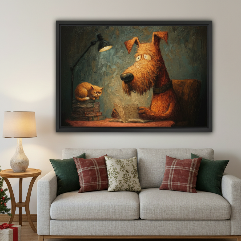 Whimsical dog reading book and orange cat wall art print in black frame above grey sofa with plaid cushions in festive living room