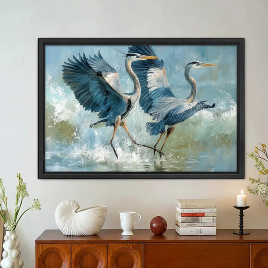Great Blue Heron Ocean Waves Oil Painting Framed Canvas Print|Liberty Signs#L1896