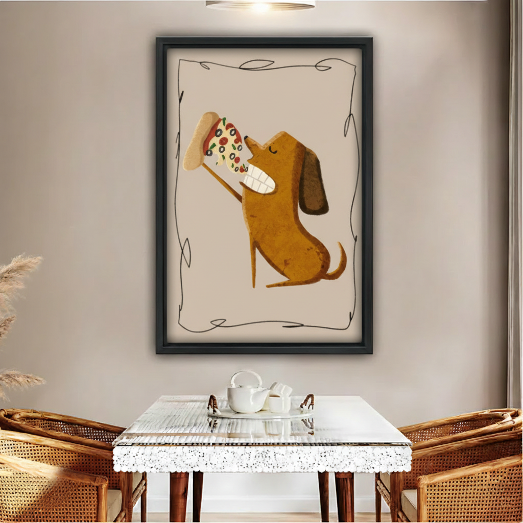 Funny dachshund eating pizza wall art print in black frame above glass table with rattan chairs in warm boho dining room