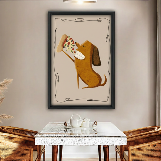 Funny dachshund eating pizza wall art print in black frame above glass table with rattan chairs in warm boho dining room