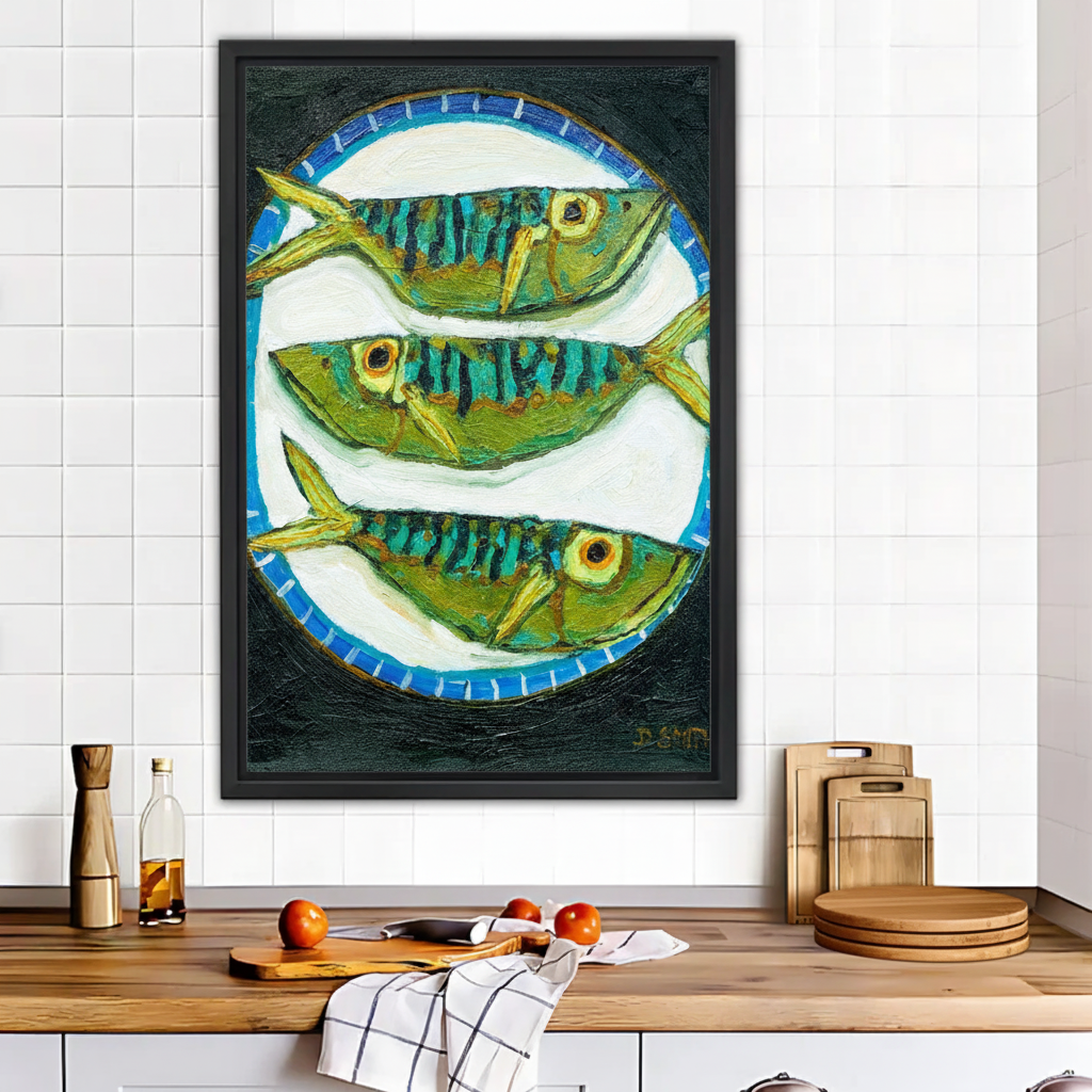 Three Green Fish on Plate Wall Art | Coastal Kitchen Canvas Print|Liberty Signs #L696