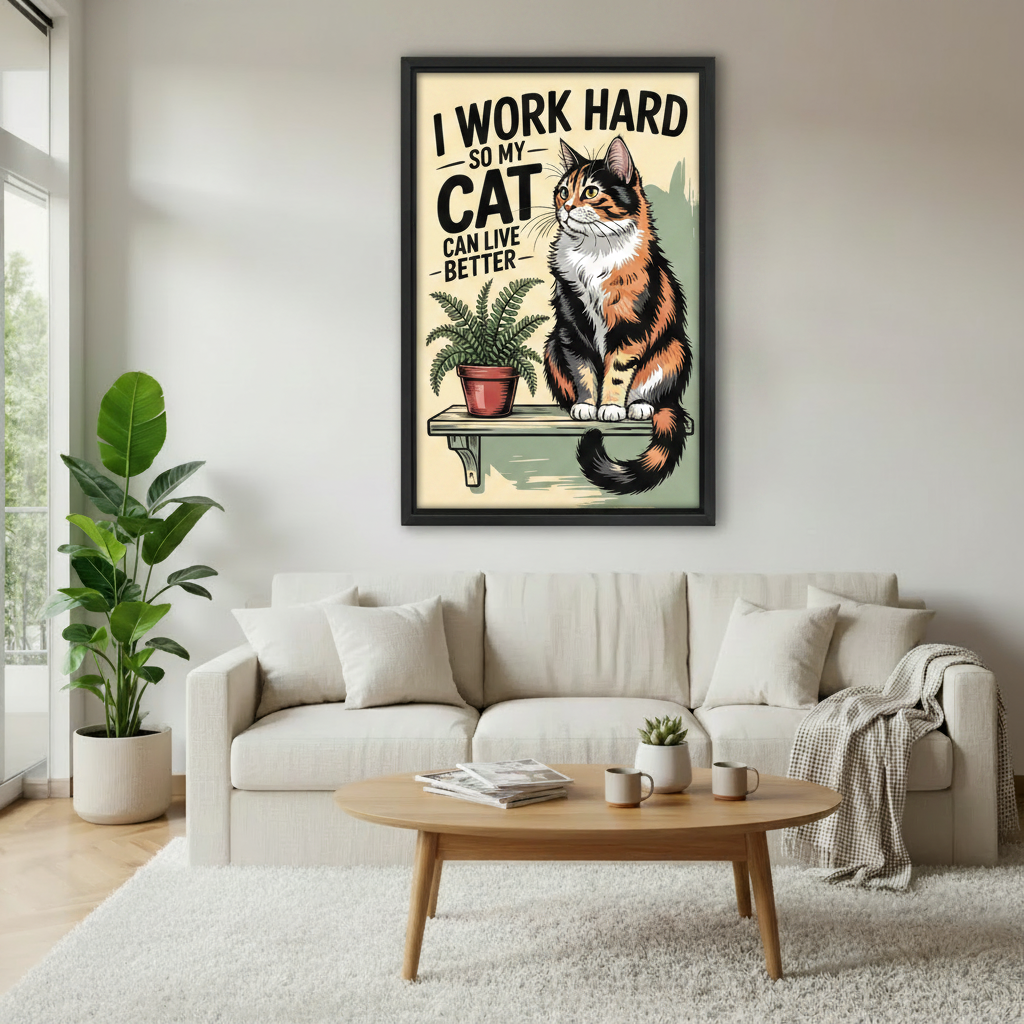 Funny cat quote retro poster canvas wall art in black frame in minimalist living room — I Work Hard So My Cat Can Live Better illustration