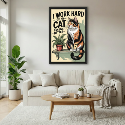 Funny cat quote retro poster canvas wall art in black frame in minimalist living room — I Work Hard So My Cat Can Live Better illustration