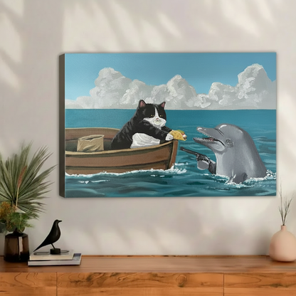 Cat vs Dolphin Funny Canvas Print | Humorous Wall Art l2140